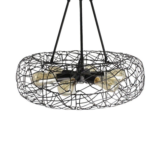 Industrial Black Metal Ceiling Chandelier With 6-Light Drum Fixture And Mesh Screen
