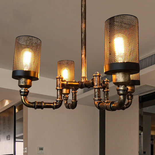 Vintage Bronze Finish Iron Cylinder Chandelier Pendant Light With Mesh Screen - Set Of 4 Bulbs
