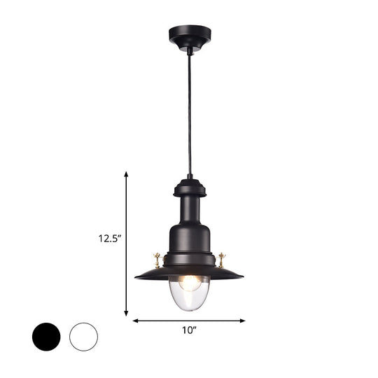 Nautical Style Flat Shade Pendant Lamp - 1 Light Metallic Suspended Black/White Finish For Kitchen
