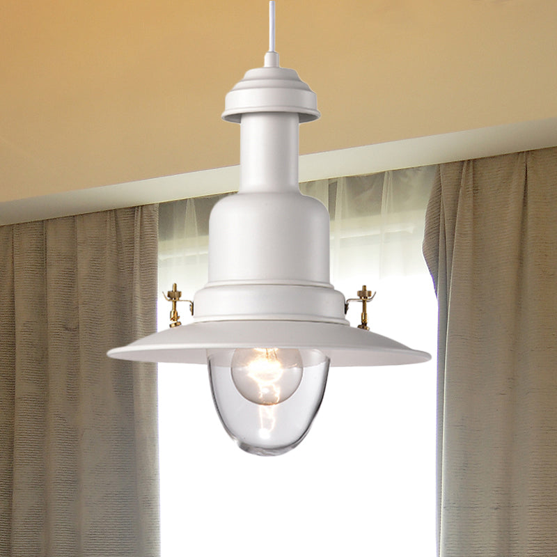 Nautical Style Flat Shade Pendant Lamp - 1 Light Metallic Suspended Black/White Finish For Kitchen