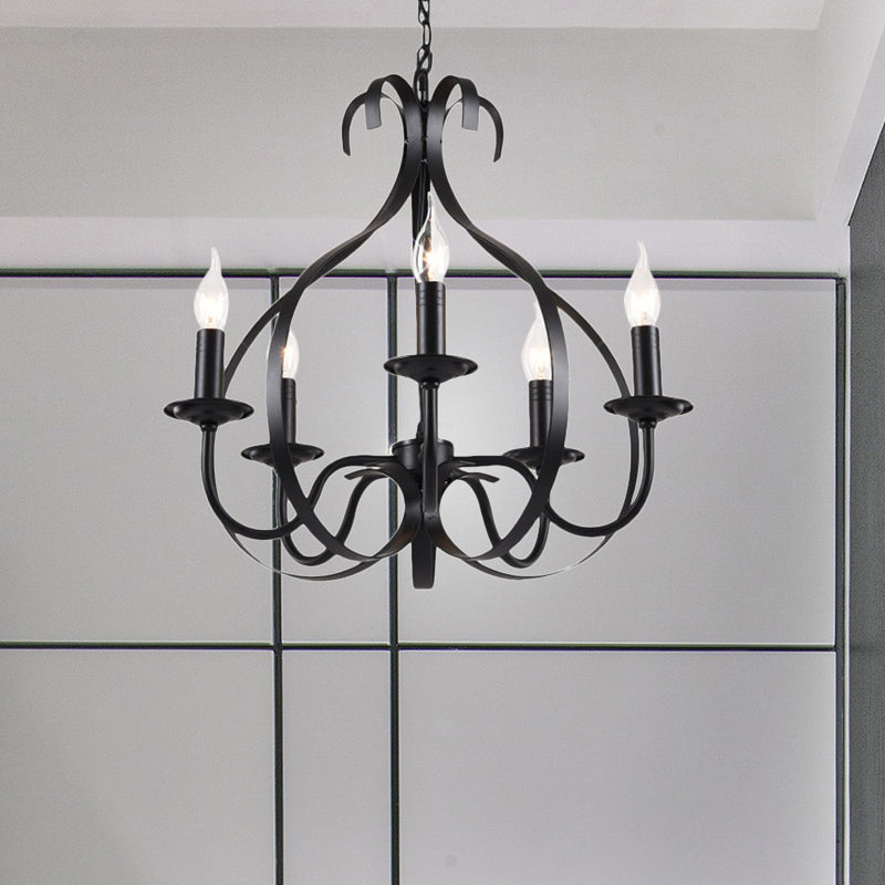 Industrial Iron Chandelier Lamp: Adjustable Flameless Candle Pendant Lighting 6 Bulbs Black Finish