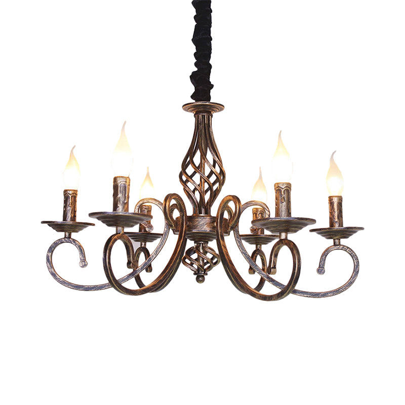 Vintage Candle Chandelier Lamp - Stylish 6 Bulbs Wrought Iron Hanging Lighting In Bronze