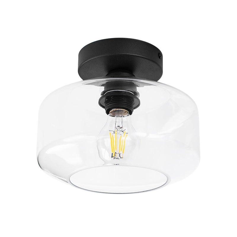 Sleek Industrial Drum Shade Semi Flush Light In Black With Clear/Amber Glass – Perfect For Foyer