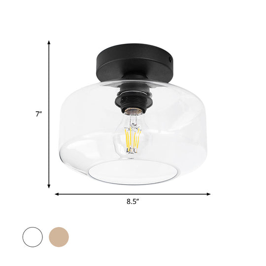 Sleek Industrial Drum Shade Semi Flush Light In Black With Clear/Amber Glass – Perfect For Foyer