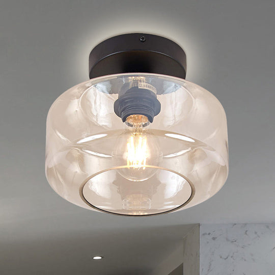 Sleek Industrial Drum Shade Semi Flush Light In Black With Clear/Amber Glass – Perfect For Foyer