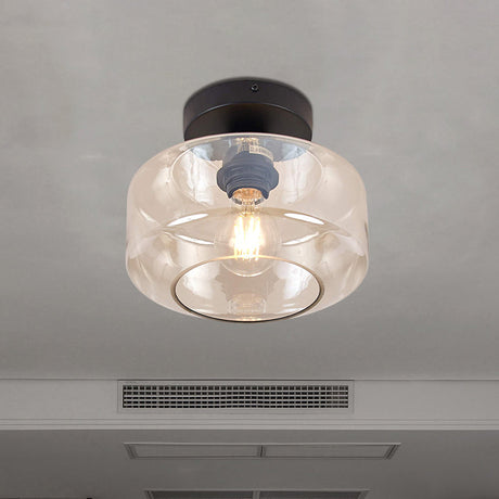 Sleek Industrial Drum Shade Semi Flush Light In Black With Clear/Amber Glass Perfect For Foyer