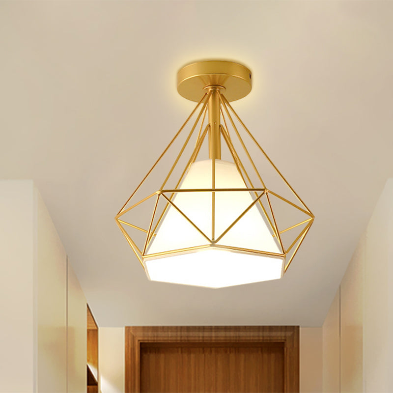Diamond - Cage Industrial Bedroom Pendant Light - Vintage Gold Semi Flush Mount Ceiling Fixture