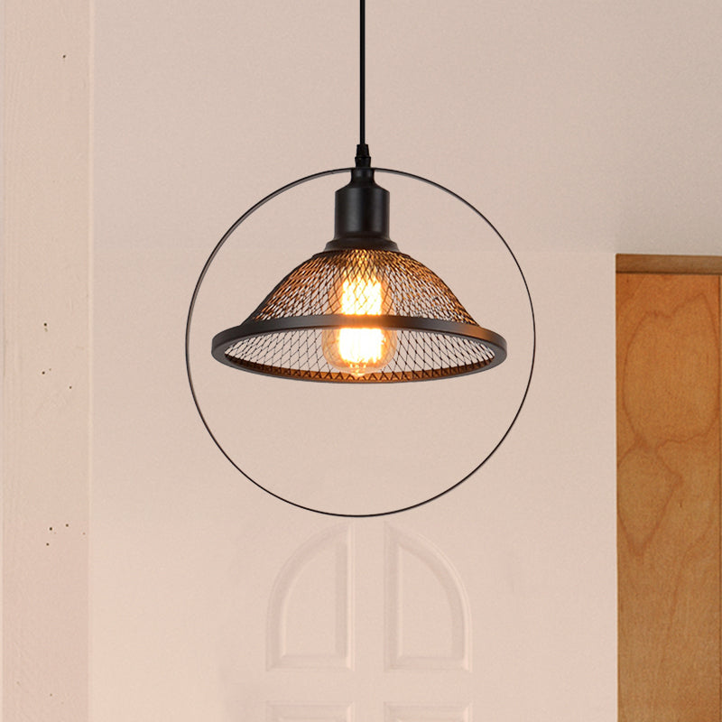Industrial Metal Hanging Pendant Light In Black For Living Room - Single Bell/Dome Design