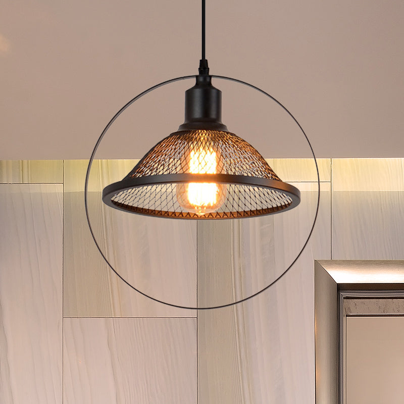 Industrial Metal Hanging Pendant Light In Black For Living Room - Single Bell/Dome Design