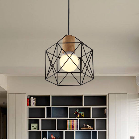 Industrial Retro Hanging Fixture - 1 Head Metal/Wood Ceiling Light With Cage Shade Black