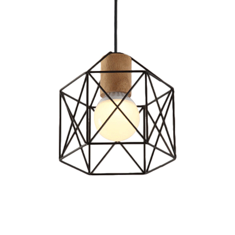 Industrial Retro Hanging Fixture - 1 Head Metal/Wood Ceiling Light With Cage Shade Black