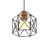 Retro Industrial Hexagon/Star Hanging Fixture - Metal & Wood Ceiling Lighting With Cage Shade