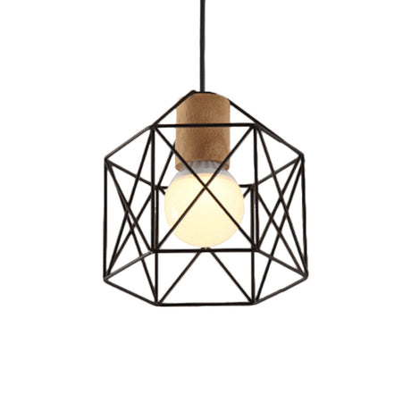 Retro Industrial Hexagon/Star Hanging Fixture - Metal & Wood Ceiling Lighting With Cage Shade