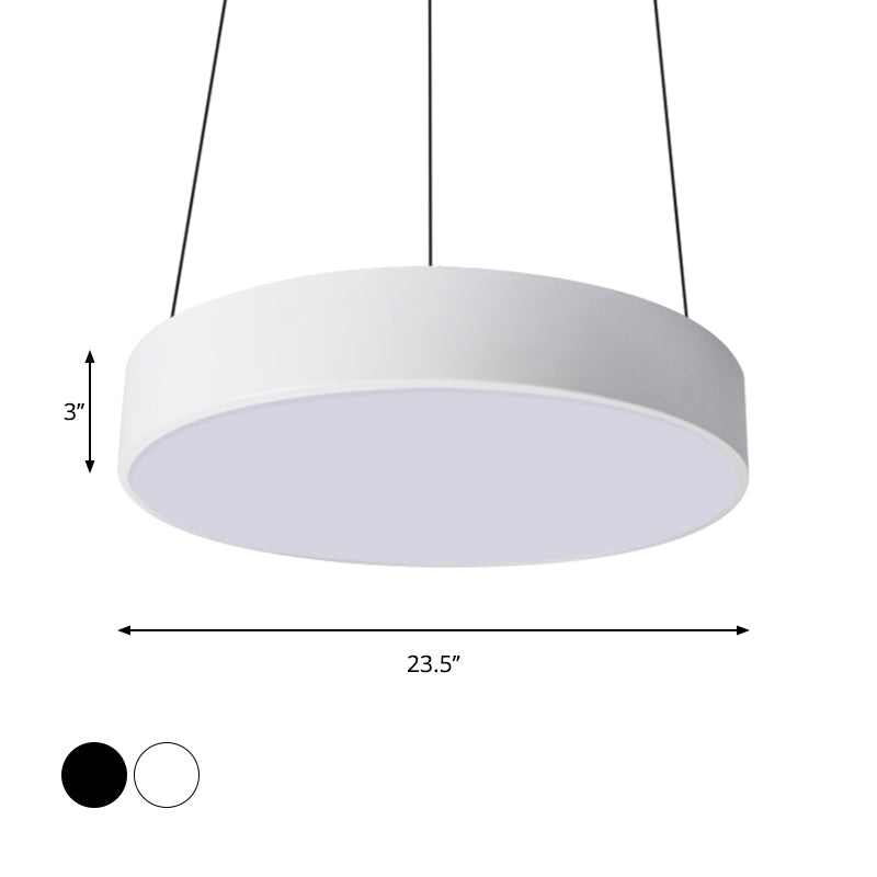 Contemporary Led Metal Drum Pendant Lighting: 12’/18’/23.5’ Wide White/Black Ceiling Lamp