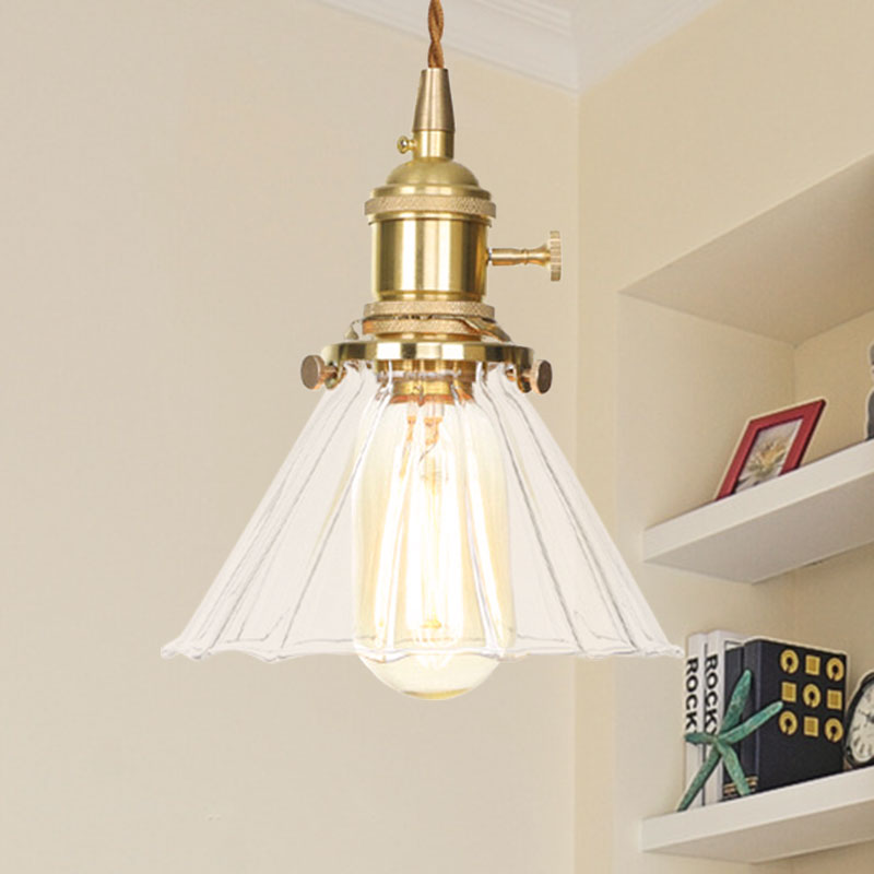 Retro Conical Pendant Light With Clear Ruffle Glass For Foyer - 1
