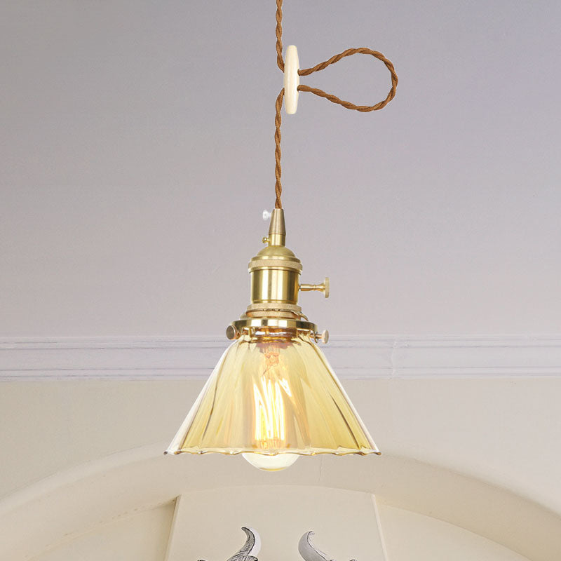 Amber Ruffle Glass Pendant Lamp - Retro Flared Style 1-Light Ceiling Hanging Light For Kitchen