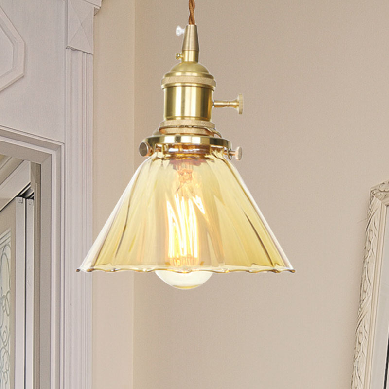 Amber Ruffle Glass Pendant Lamp - Retro Flared Style 1-Light Ceiling Hanging Light For Kitchen