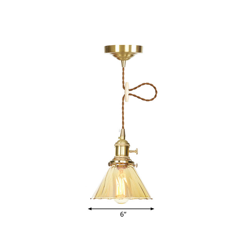 Amber Ruffle Glass Pendant Lamp - Retro Flared Style 1-Light Ceiling Hanging Light For Kitchen