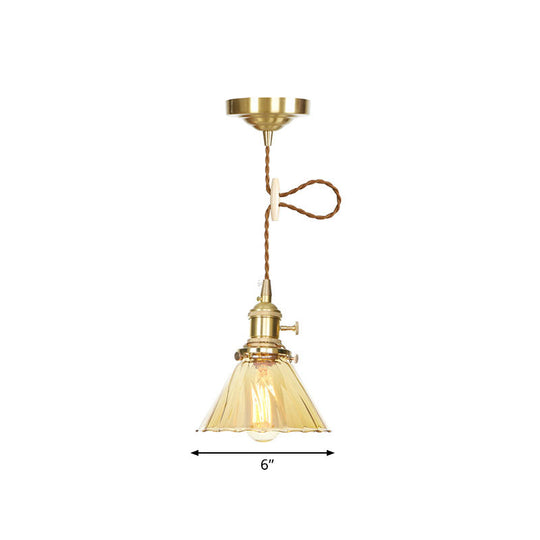 Amber Ruffle Glass Pendant Lamp - Retro Flared Style 1-Light Ceiling Hanging Light For Kitchen