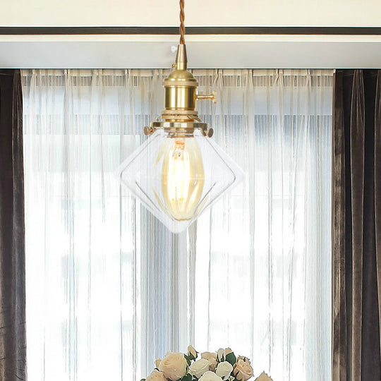 Vintage Brass Pendant Light: Single Light Gem Suspension With Ribbed Glass