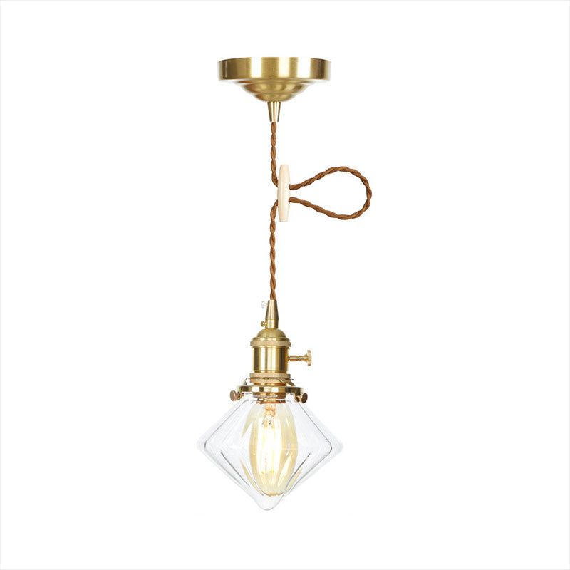 Vintage Brass Pendant Light: Single Light Gem Suspension With Ribbed Glass