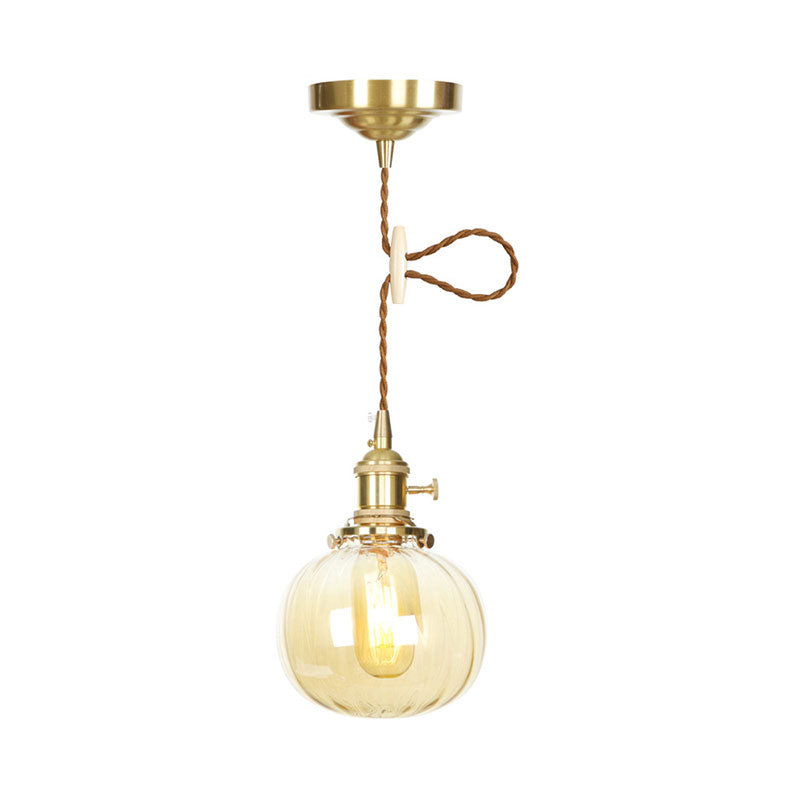 Amber Glass Retro Vintage Pendant Lamp - Melon Shape Dining Room Décor