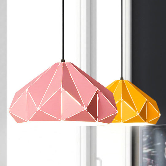 Origami Metal Hanging Pendant Light - Contemporary 1-Light Ceiling In Blue/Pink/Yellow