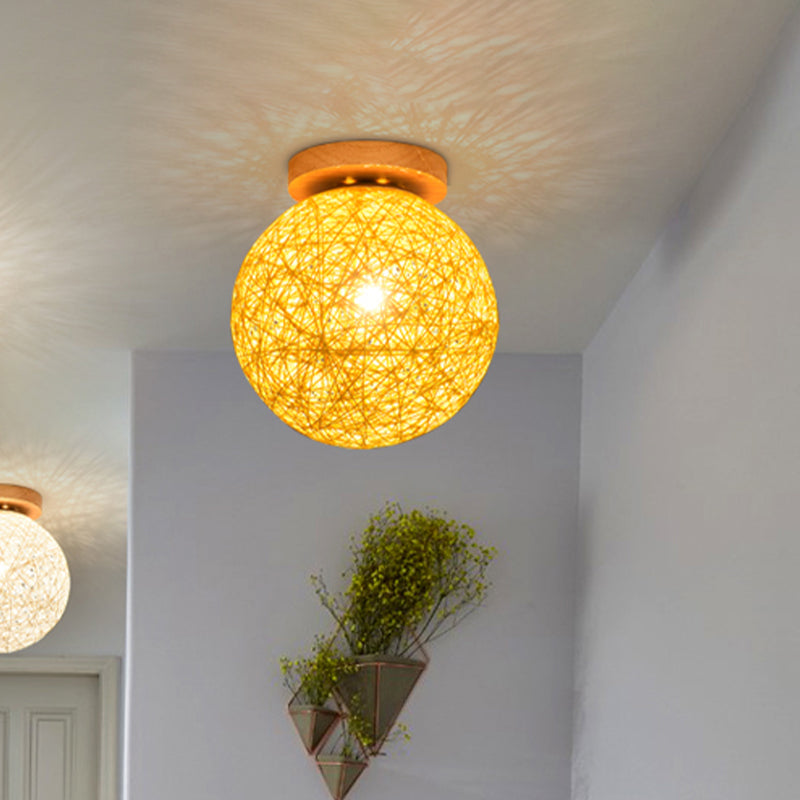 Modernist Rattan Ceiling Mount Light: Blue/Flaxen Globe Shade 6/8 Wide 1 Bulb Flush Lighting For