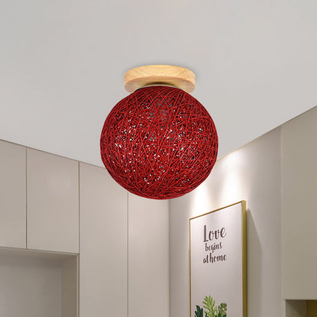 Modernist Rattan Ceiling Mount Light: Blue/Flaxen Globe Shade 6/8 Wide 1 Bulb Flush Lighting For