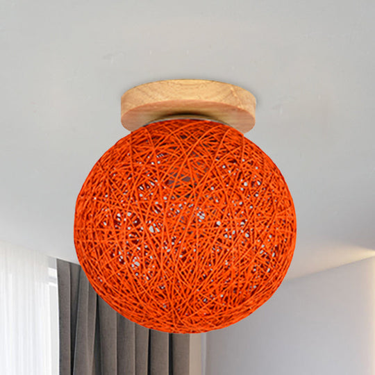 Modernist Rattan Ceiling Mount Light: Blue/Flaxen Globe Shade 6’/8’ Wide 1 Bulb Flush Lighting