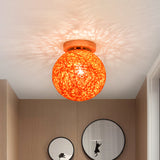 Modernist Rattan Ceiling Mount Light: Blue/Flaxen Globe Shade 6/8 Wide 1 Bulb Flush Lighting For