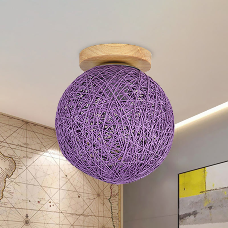 Modernist Rattan Ceiling Mount Light: Blue/Flaxen Globe Shade 6/8 Wide 1 Bulb Flush Lighting For