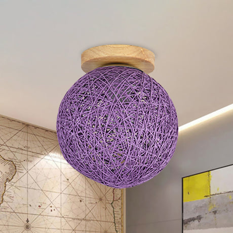 Modernist Rattan Ceiling Mount Light: Blue/Flaxen Globe Shade 6/8 Wide 1 Bulb Flush Lighting For