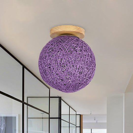 Modernist Rattan Ceiling Mount Light: Blue/Flaxen Globe Shade 6’/8’ Wide 1 Bulb Flush Lighting