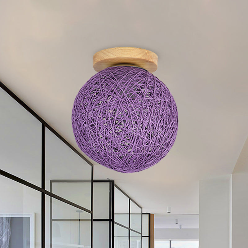 Modernist Rattan Ceiling Mount Light: Blue/Flaxen Globe Shade 6/8 Wide 1 Bulb Flush Lighting For