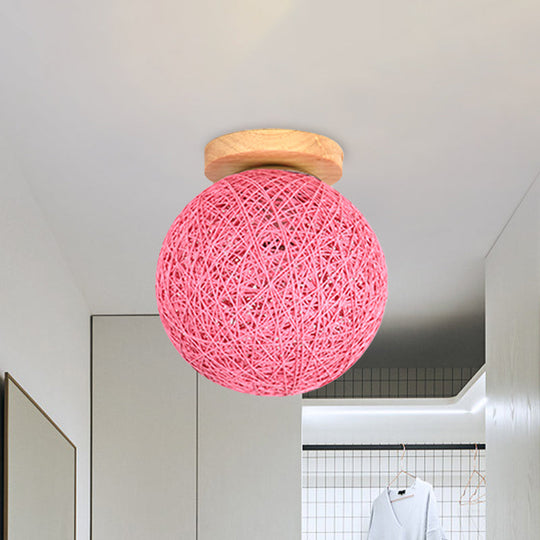 Modernist Rattan Ceiling Mount Light: Blue/Flaxen Globe Shade 6’/8’ Wide 1 Bulb Flush Lighting