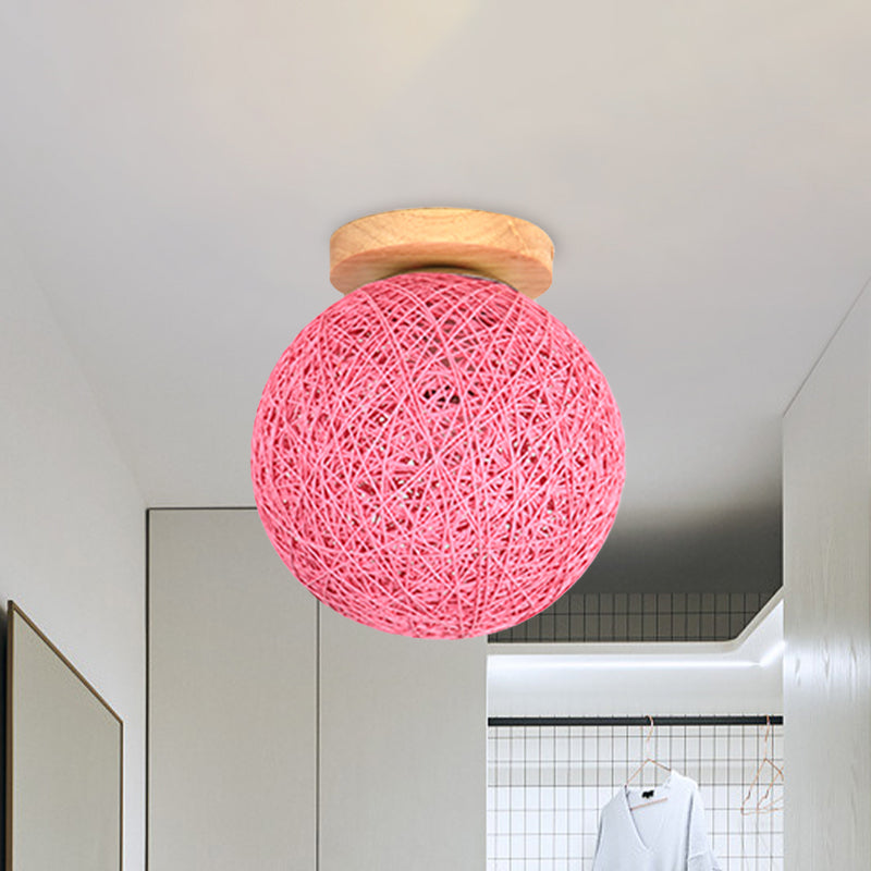 Modernist Rattan Ceiling Mount Light: Blue/Flaxen Globe Shade 6/8 Wide 1 Bulb Flush Lighting For