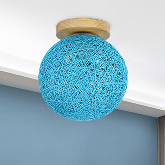 Modernist Rattan Ceiling Mount Light: Blue/Flaxen Globe Shade 6’/8’ Wide 1 Bulb Flush Lighting