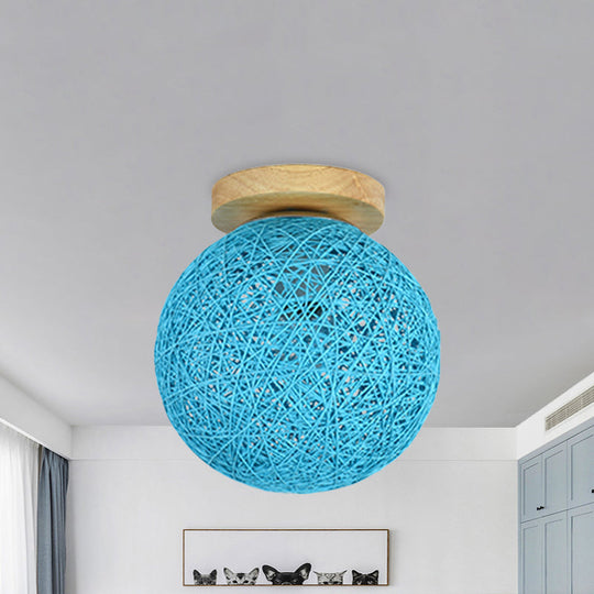 Modernist Rattan Ceiling Mount Light: Blue/Flaxen Globe Shade 6/8 Wide 1 Bulb Flush Lighting For