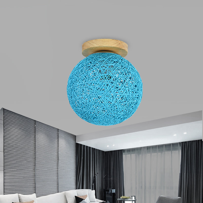 Modernist Rattan Ceiling Mount Light: Blue/Flaxen Globe Shade 6/8 Wide 1 Bulb Flush Lighting For