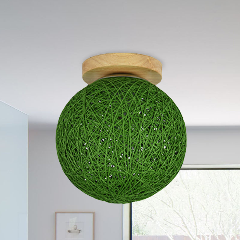 Modernist Rattan Ceiling Mount Light: Blue/Flaxen Globe Shade 6/8 Wide 1 Bulb Flush Lighting For
