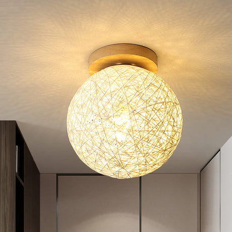 Modernist Rattan Ceiling Mount Light: Blue/Flaxen Globe Shade 6/8 Wide 1 Bulb Flush Lighting For
