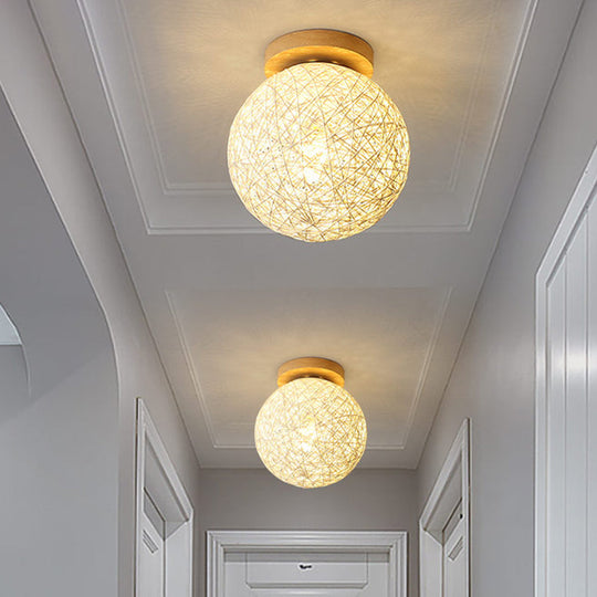 Modernist Rattan Ceiling Mount Light: Blue/Flaxen Globe Shade 6/8 Wide 1 Bulb Flush Lighting For