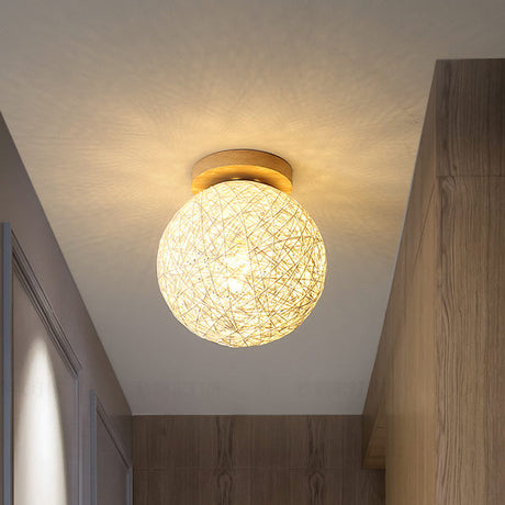 Modernist Rattan Ceiling Mount Light: Blue/Flaxen Globe Shade 6/8 Wide 1 Bulb Flush Lighting For
