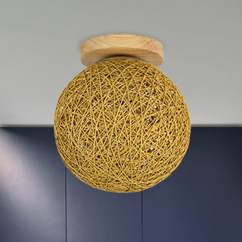 Modernist Rattan Ceiling Mount Light: Blue/Flaxen Globe Shade 6/8 Wide 1 Bulb Flush Lighting For