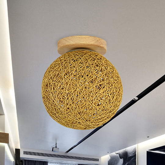 Modernist Rattan Ceiling Mount Light: Blue/Flaxen Globe Shade 6/8 Wide 1 Bulb Flush Lighting For