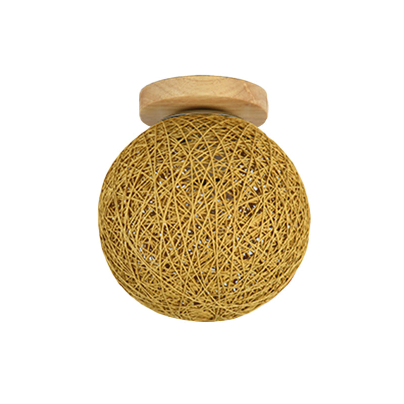 Modernist Rattan Ceiling Mount Light: Blue/Flaxen Globe Shade 6’/8’ Wide 1 Bulb Flush Lighting