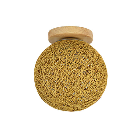 Modernist Rattan Ceiling Mount Light: Blue/Flaxen Globe Shade 6/8 Wide 1 Bulb Flush Lighting For