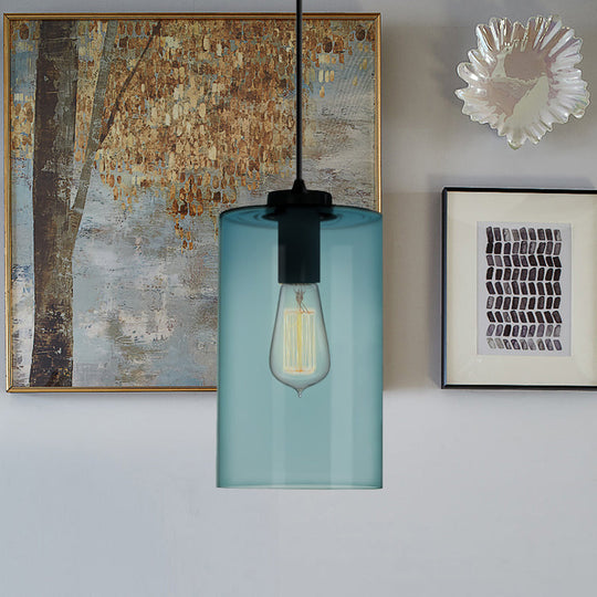 Modern 1 Light Blue Glass Pendant Lamp Black Ceiling