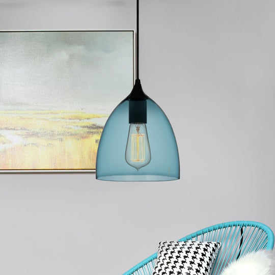Modern Blue Glass Pendant Lamp With Black Global Shape - 1 Light Ceiling